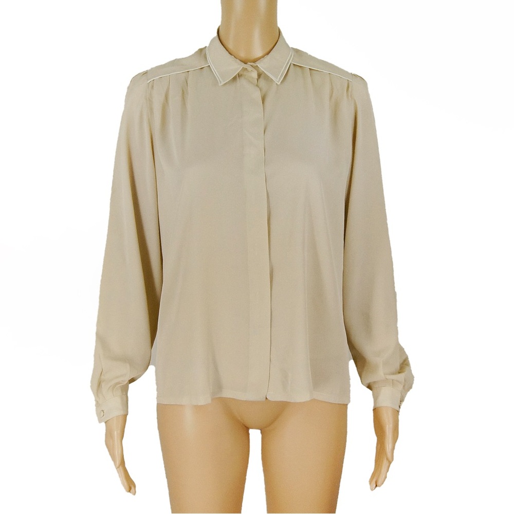 Balenciaga Paris Taupe Beige Cream Silk Long Sleeve Blouse Top